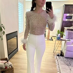 Nadine Merabi Amelia White Jumpsuit with Feather Cuffs + Sequin Detail - No Belt